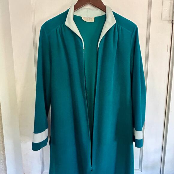Vintage 70s Vanity Fair Velour Robe Teal & White Zip Front Lounge Dress Size 14 - Picture 1 of 15